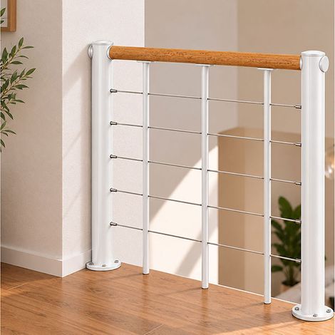Ringhiera per scala dritta - Bianco - Acciaio termolaccato - Lunghezza 1m - Corrimano in legno - RE-I-SLM-BOIS-BH (1/5)