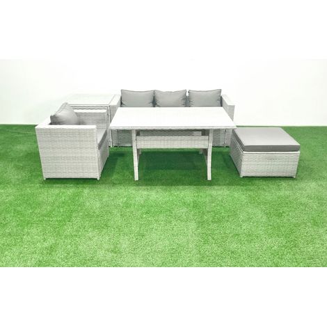 Fimous Polyrattan Gartenmöbel-Set Outdoor 5 Sitzer mit Glasplatte Esstisch und Beistelltisch Hellgrau gemischt (1/5)