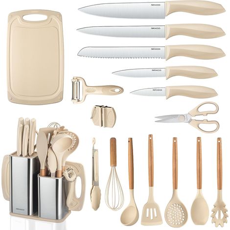 Lot de 18 pi¨¨ces couteaux de cuisine avec bloc, ustensiles de cuisine avec set de 5 pi¨¨ces de couteaux et 7 pi¨¨ces de spatules en silicone, set d'accessoires de cuisine (1/5)