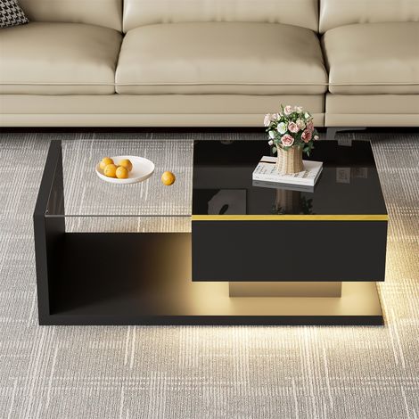 90cm High-Gloss LED Coffee Table - Modern Side Table with Glass Top & Color-Changing Lights, Black (1/5)