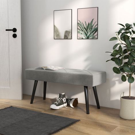 Banc rembourré, finition toucher velours, motif en X, gris, 100 x 36 x 45 cm — convient pour la chambre, l'entrée ou comme bout de lit (charge maximale jusqu'à 120 kg) (1/4)