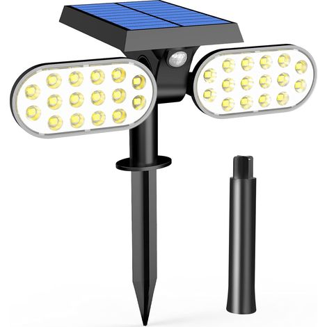 Faretto solare per esterni con 2 teste, proiettore solare per esterni a 32 LED, lampada solare impermeabile IP65 2 in 1 con 2 modalità di illuminazione per giardino, vialetto, piscina (1/5)