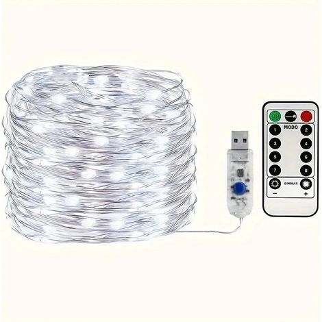 Guirlande lumineuse USB ciel étoilé (10 m, 100 LED blanches), fil de cuivre argenté, 8 modes d'éclairage, avec télécommande (1/5)