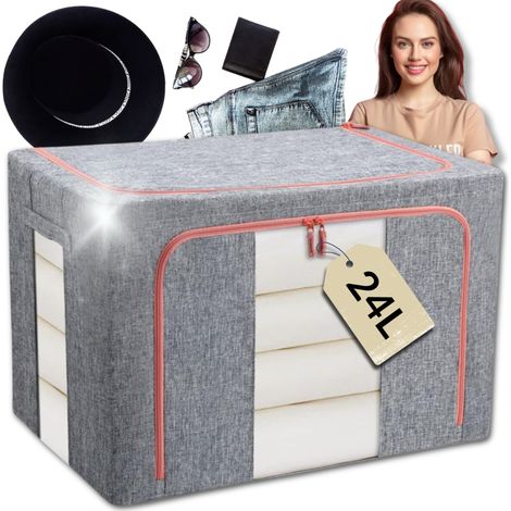 Caja organizadora con marco, 24 L, estampado en 8 tonos de lino gris, 40 x 30 x 20 cm. (1/5)
