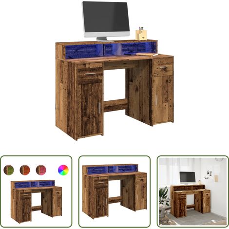 vidaXL Bureau avec éclairage LED - Bureau avec lumières LED vieux bois bois d'ingénierie (1/5)