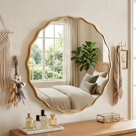 Miroir Mural Rond Ondulé avec Cadre en Aluminium Brossé (1/5)