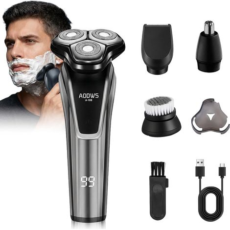 Afeitadora portátil, afeitadora eléctrica para uso en seco y húmedo para hombres, afeitadora inalámbrica con 3 cabezales de cuchilla flexibles de 360°, afeitado suave del rostro, 90 minutos de duració (1/5)