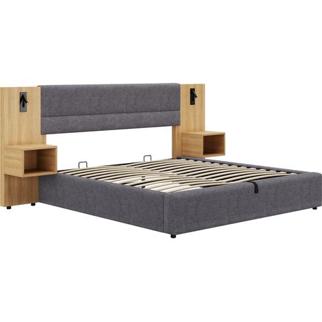 Cama canapé 160 x 200 cm de terciopelo gris con 2 mesitas, USB e iluminación (1/5)