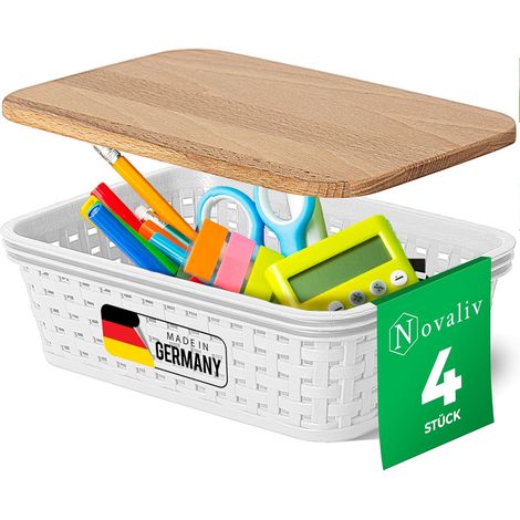 Novaliv lot de 4 paniers de rangement élégants avec couvercles en bois aspect rotin  Plastique alimentaire blanc 1L  pour le bureau et la maison