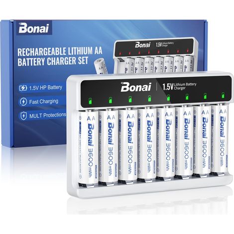 8 Slots Chargeur de Piles avec 8 Piles Rechargeables Lithium AA 1,5V USB-C, tension stable 1.5V, 3600mWh, 2000 cycles, pour serrures connectées, manettes et caméras (1/5)