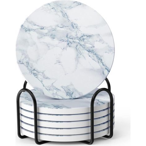 Dessous de verre, lot de 6 sous-verres en cristal, absorbants, avec base en liège et support, effet marbre blanc. Décoration idéale pour la maison, bars, cafés, fêtes, bureaux, ou comme cadeau pour ma (1/4)