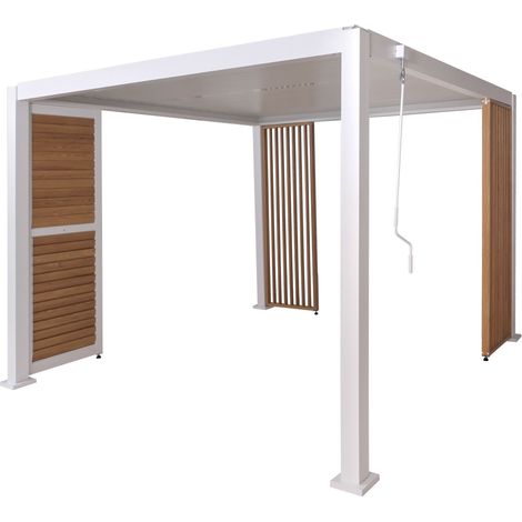 [NEUWERTIG] Pergola HHG-522 mit 1x Lamellenwand und 2x Seitenwand, Lamellen-Pavillon, 10cm-Alu-Gestell 3x3m Holzoptik weiß