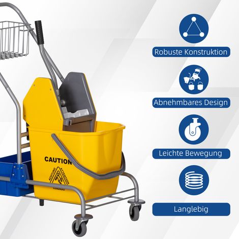 Chariot de ménage avec seau 25 L, 4 roues, plastique jaune, pour serpillière