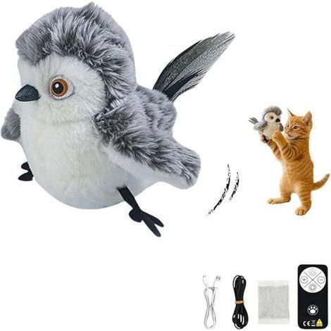 Interaktives Katzenspielzeug – Fliegender Vogel mit Flügelschlag, realistischen Geräuschen, Fernbedienung – Zwitschernder und singender Katzenvogel – Anti-Stress-Spielzeug – USB-aufladbar – Katzenminz