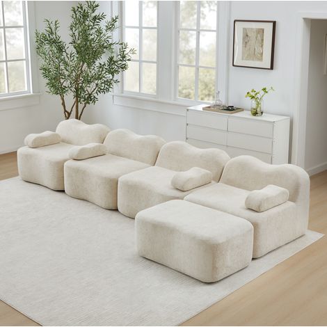 Sofá esquinero modular 4 plazas sin armazón, 1 otomana, espuma 32D, beige DESVIAE (1/5)