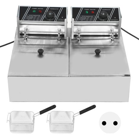 Friggitrice elettrica doppio cilindro doppio cestello da appoggio in acciaio inox temperatura regolabile 220V 1700+1700W