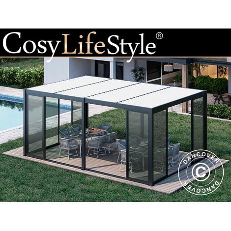 Bioclimatic pergola gazebo San Pablo Alu+ w/sliding doors, 4x5.8 m, Black/White - Dancover