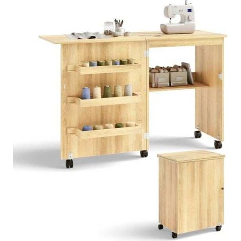 Meuble 2 en 1 Table de Couture Pliante et Bureau Machine à Coudre avec Rangements et 5 Roulettes Gain de Place (1/2)