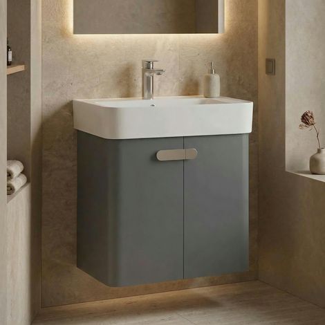 Meuble vasque suspendu 55 cm gris 2 portes DRIF (1/4)