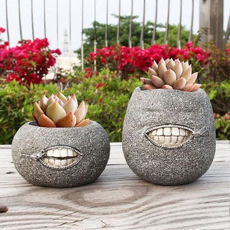 Lot de 2 pots de fleurs en résine en forme de visage pour plantes d'intérieur et d'extérieur - Pots de fleurs mignons en forme de tête (1/4)