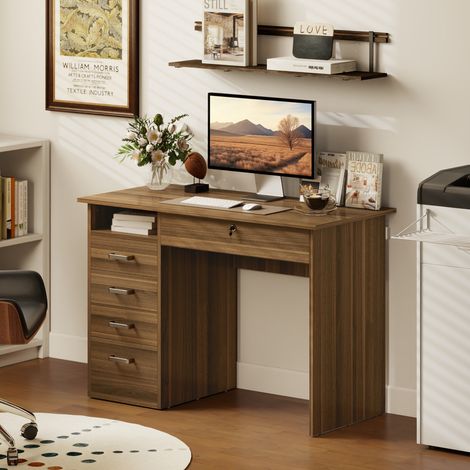 Bureau informatique 5 tiroirs 110x50 cm, étagère ouverte tiroir verrouillable noyer. Rangement complet et design élégant pour un bureau raffiné. (1/5)
