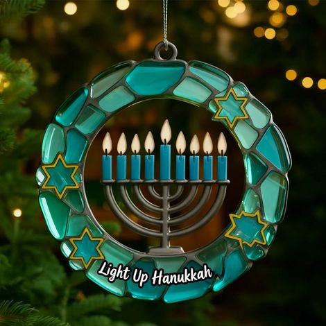 Menorah - Ornament Lumineux En Verre Coloré - Décoration Festive Pour Fenêtre Mur Arbre - Style Vitrail - 1 Pièce (1/4)