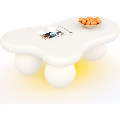 Table basse style nuage blanche avec éclairage LED – 16 couleurs réglables, design forme nuage avec pieds ronds, idéale pour salon moderne et chambre d’enfant