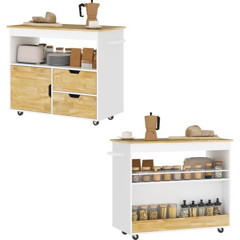 Küchenwagen, Rollbare Kücheninsel, Küchen-Trolley mit Fächern, Schrank und Arbeitsfläche, Weiß