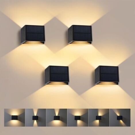 Juego de 4 apliques solares de pared, luz blanca cálida de 3000 K, haz de luz ajustable hacia arriba y hacia abajo, ángulo de haz de 240°, apliques solares impermeables para paredes y jardines.