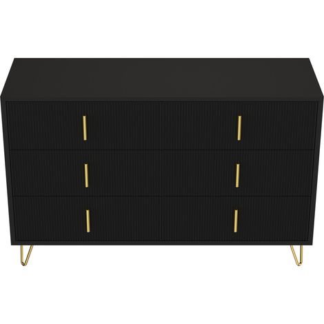 Moderne Kommode mit 6 Schubladen, schwarzer und goldener Spanplatte, 120 cm (1/5)