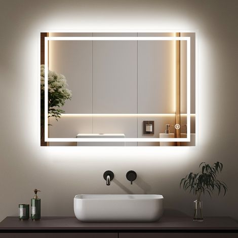 Badspiegel mit Beleuchtung 40x60cm Lichtspiegel LED Badezimmerspiegel 3 Lichtfarbe Dimmbare 3000-6500K Kaltweiß Warmweiß LED Spiegel mit Beleuchtung, Schminkspiegel mit Touchschalter (1/5)