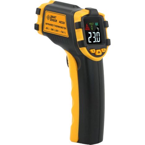 SMART SENSOR Thermomètre infrarouge sans contact portable mini à main numérique -50 à 390℃ ratio 12:1 pyromètre industriel écran LCD couleur °C °F (non pour humains)