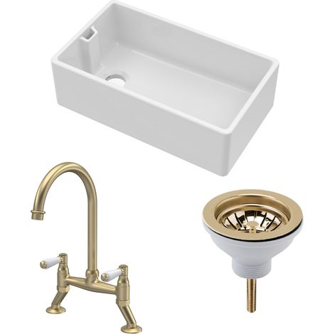 Fireclay Kitchen Bundle - 795mm 1 Bowl Belfast Sink with Strainer Waste & Bridge Lever Tap, Brushed Brass (1/5)