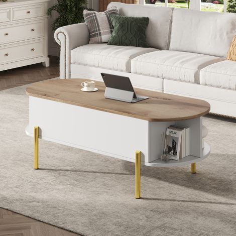 Table basse réglable en hauteur / Table de salon — Table d'appoint / Table de canapé avec rangement dissimulé et étagères à 7 niveaux — Finition bicolore aspect bois et blanc
