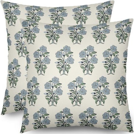 Taie d'oreiller à motifs floraux bleu-vert, 45 x 45 cm, ensemble de 2 pièces, design de style chinois, en lin, convient pour une décoration extérieure et rustique, compatible avec les coussins de tail (1/5)