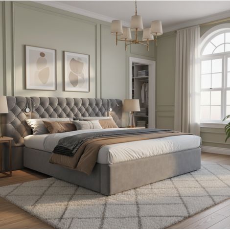 lit adulte coffre 160x200 LED tete haute velours gris OKMYHOME (1/5)
