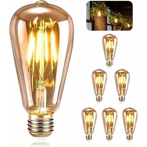 Vintage E27 Glühbirnen, 6 LED Edison E27 ST64 Retro-Dekorationsleuchten, Antik-Stil 4W warmgelbe Glühlampen für Restaurants, Cafés und Bars