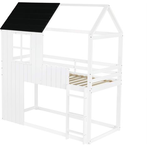 Kinder-Hochbett im Hausdesign mit 3-stufiger Treppe und Fenstern, 90 x 200 cm, Weiß und Schwarz (1/5)