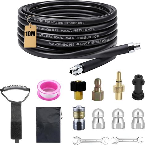 Kit de tuyau de nettoyage de canalisations universel, 400 bar, 140 °C, avec adaptateur et buses, compatible avec les nettoyeurs haute pression courants, pour le nettoyage des tuyaux et le blocage des
