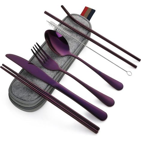 Juego de cubiertos compacto y completo de acero inoxidable para viajes y acampadas, ideal para llevar a todas partes (1/5)