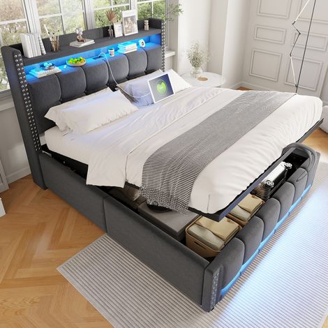 Cama con espacio de almacenamiento tapizada en lino gris 140x200 cm con LED, USB, cabecero con estantes y somier (1/5)