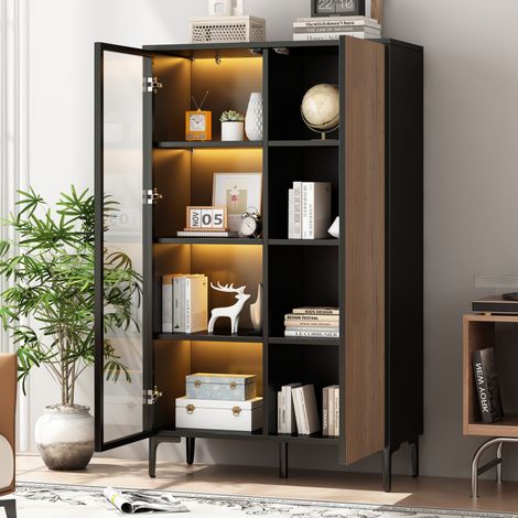 Modern Vintage Vitrine 90, Vitrinenschrank mit 2 Türen (Davon 1 Glastür), MDF,Standvitrine Sideboard,Kontrast der Schwarzen Holzfarbe, Wohnzimmer Schlafzimmer Flur Esszimmer,90×40×135cm (1/5)