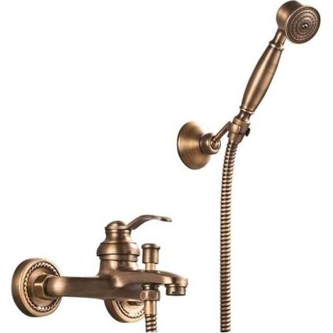 Robinet de baignoire avec Douchette Robinet douche Finition laiton antique Montage Mural avec Support et Flexible douche 150 cm (1/4)
