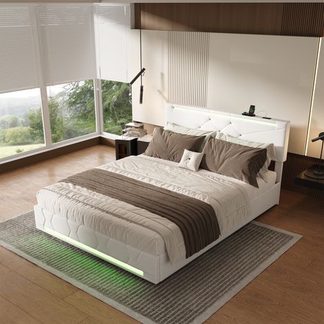 Polsterbett 160x200 cm mit hydraulischem Lattenrost - Integrierte LED und verstellbares Kopfteil - Leinenstoff - Beige