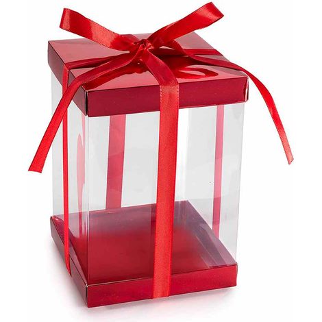Boîtes cadeaux rouges en PVC avec fond et couvercle en carton rigide et nœud en satin, lot de 20, 12 x 12 x H. 17 cm