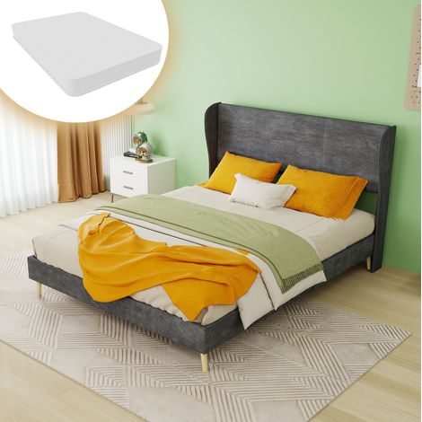 Lit double adulte 140x200 cm en tissu gris, facile à monter pour chambre, avec matelas FloraGrace (1/5)