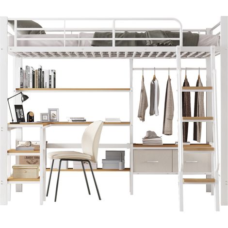 CHICFURN Cama alta infantil 90x200 cm de metal y MDF blanco y natural con escritorio (1/5)