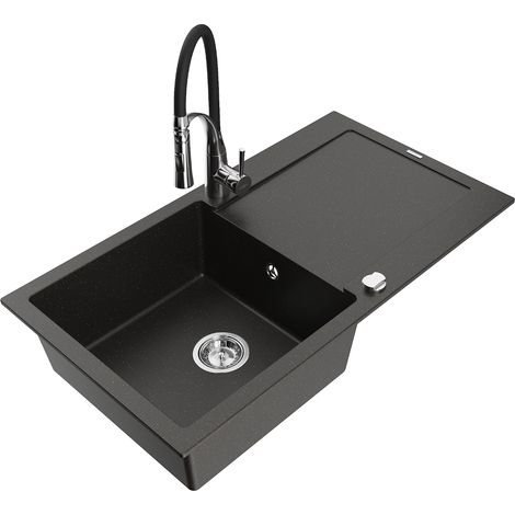 Mexen Leo lavello in granito a 1 vasca con sgocciolatoio e rubinetto da cucina Aster, nero/oro metallizzato - 6501-75-73450-07 (1/5)