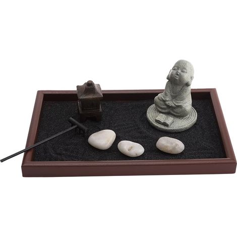 Jardin Japonais Moine Sagesse Décoration Zen Intérieur Bonze Bouddhiste Avec Sable Noir, Pierres (1/4)