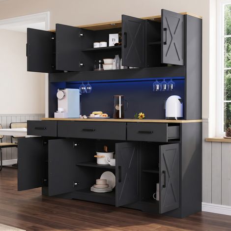 Buffet 150x40x180cm - LED + USB/Type-C + 2 porte-verres - MDF - noir et chêne (1/5)